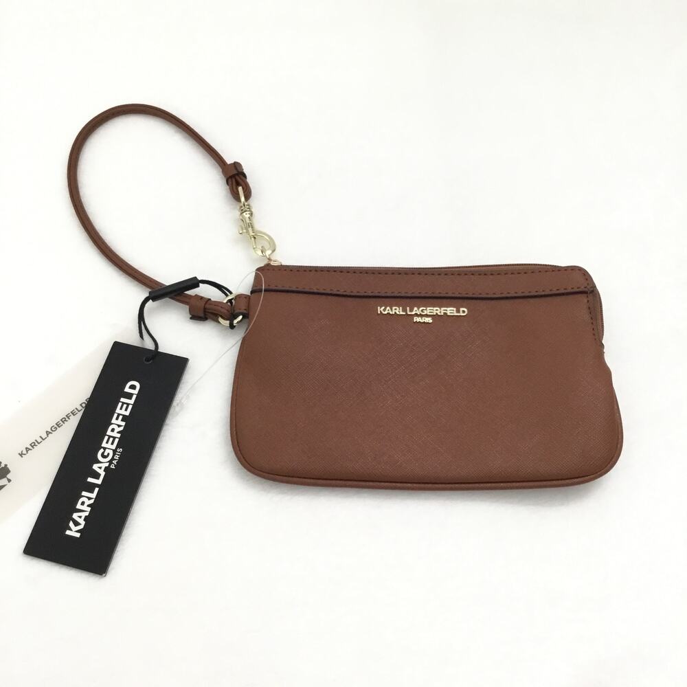 KARL LAGERFELD Paris Wristlet Caramel Brown and Gold Hardware New w tags